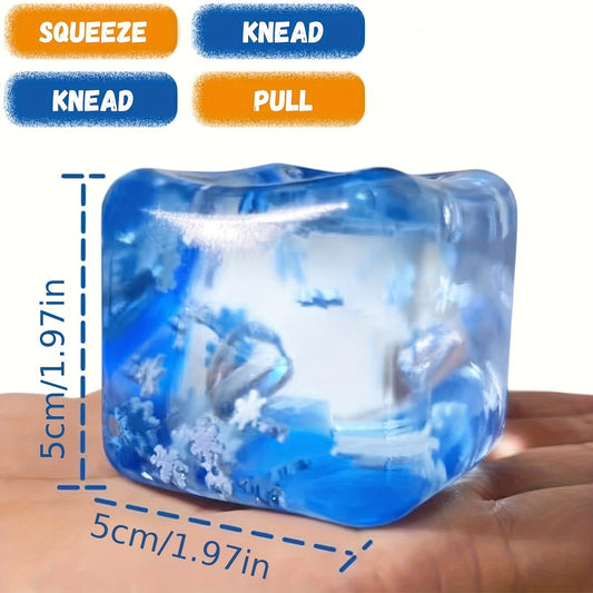 Hand squeezing one of the GripNova Ice Block Fidget Balls, demonstrating its ergonomic design and satisfying resistance for anxiety relief.