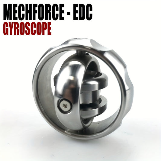 Top-down view of the NovaTech Fingertip Gyroscope, highlighting its intricate stainless steel design.