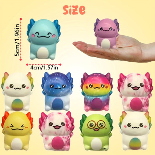 Hand holding a vibrant blue AxolotlJoy mini squishy, emphasizing its portable size and soft feel.