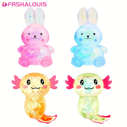Hand gently squeezing a blue glitter axolotl squishy fidget stress ball, highlighting its soft texture and calming motion.
