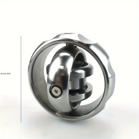 NovaTech Stainless Steel Fingertip Gyroscope in action, showcasing its precise, three-axis spin.