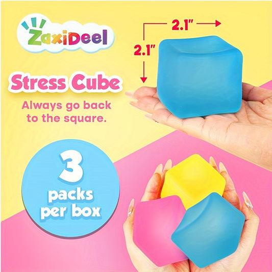 A person's hand gently squeezing one blue CalmCube Ice Block Stress Cube, showcasing its squishy texture for anxiety relief.