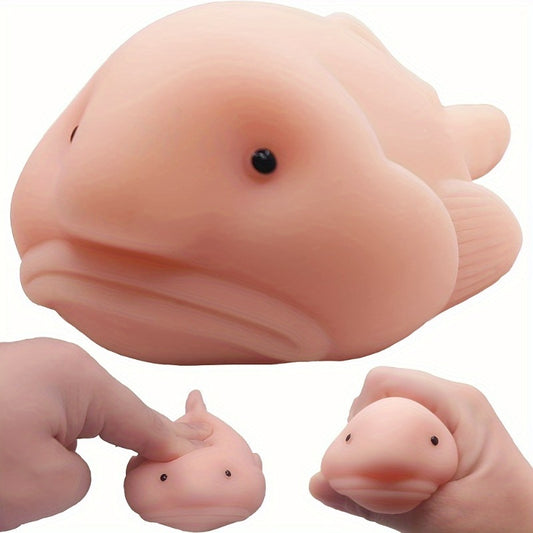 Close-up of the Blobfish Atelier collectible squishy toy, highlighting its realistic blobfish texture and playful coloring.