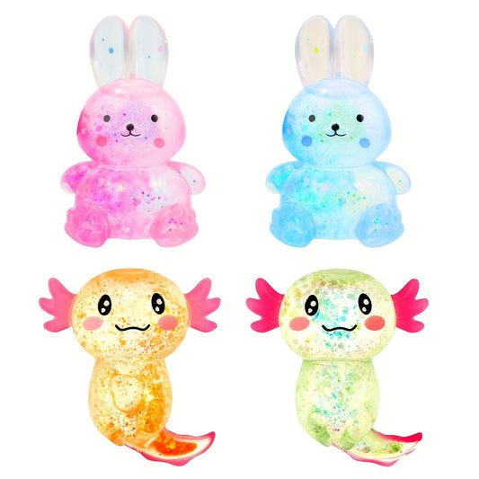 FRSHALOUIS Axolotl and Rabbit Glitter Squishy Fidget Stress Balls in a group, showcasing vibrant colors and cute animal designs.